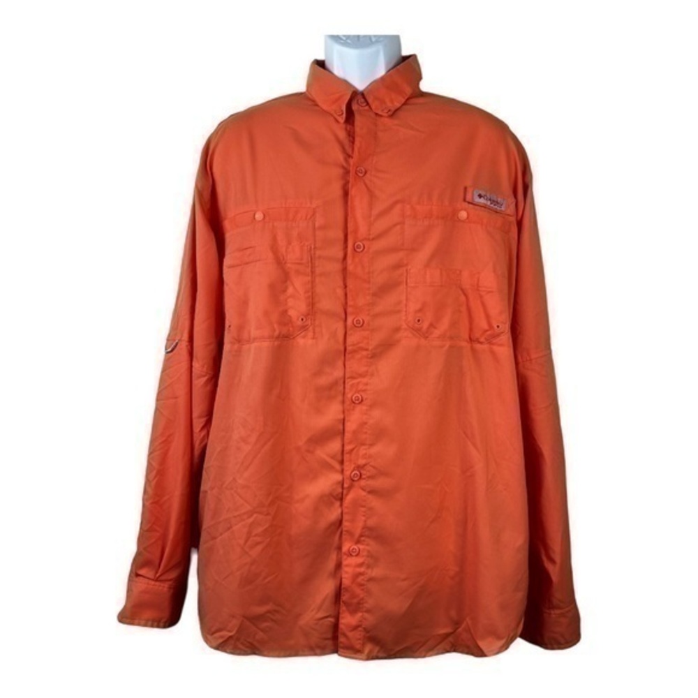 Columbia Men PFG Fishing Shirt Buttons Front Orange Size L